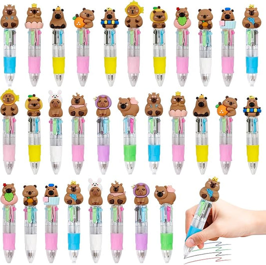 CZWZ 30Pcs Mini Multicolor Pens in One 4-in-1 Cute Pens Bulk for Kids, Ballpoint Pen for Birthdays and Children's Parties, Fun Gifts Assorted Ink Kawaii Pen(Capybara)