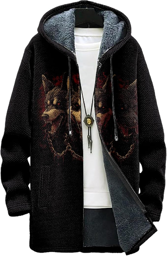 MARSVOVO Mens Cardigan Sweater Cool Graphic Lined Fleece Long Coat Zip With Pockets Fashion Coat Warm Fitted Jacket