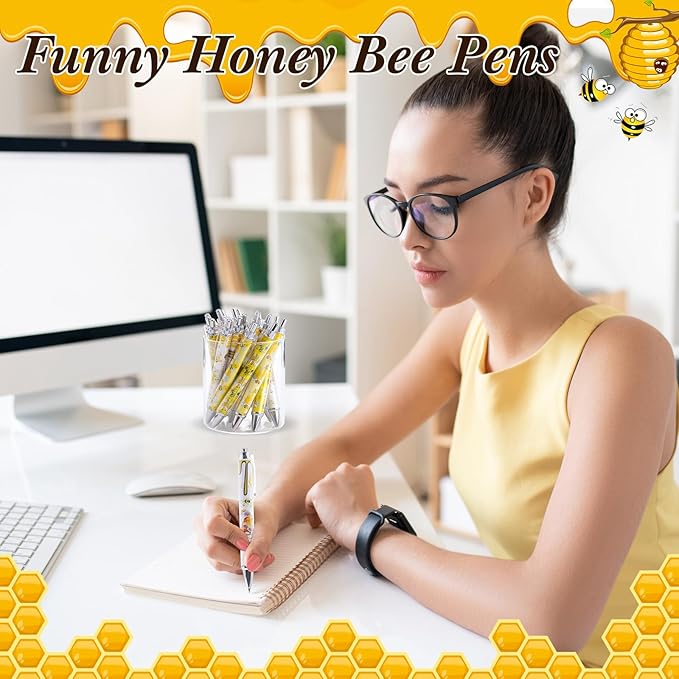 Thenshop 50 Pcs Bee Pens Bulk Honey Bee Theme Gel Ink Ballpoint Pens Honeycomb Gnome Party Favors Appreciation Gifts for Friends Office Employee Work