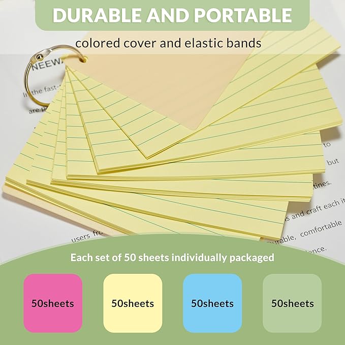 NEEWAY Heavy Weight Colored Ruled Index Cards 3x5, 200 Count Flash Cards with Rings and Cover, Lined Note Cards for Home, Office