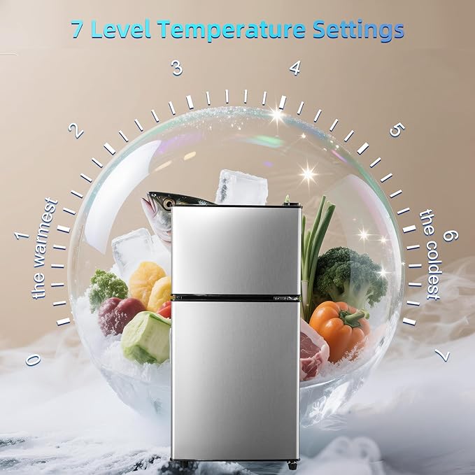 Mini Fridge with Freezer, 4.0 Cu. Ft. Double-Door Mini Refrigerator with 7-Level Adjustable Thermostat & Adjustable Glass Shelves, Compact Dorm Fridge 37 dB Low Noise for Bedroom, Apartment, Silver