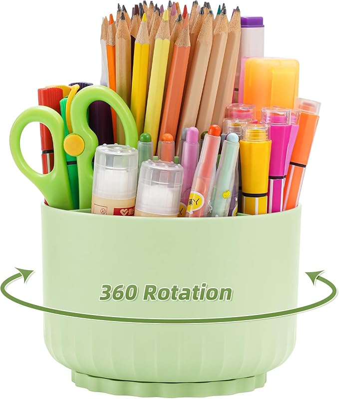 Marbrasse Desk Organizer, 360-Degree Rotating Pen Pencil Holder for Desk, Desk Organizers and Accessories with 5 Compartments Pencil Organizer, Art Supply Storage Box Caddy for Office, Home(Green)