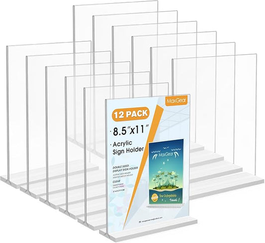 MaxGear 8.5x11 Acrylic Sign Holder 12 Pack, Clear Table Menu Display Stand Plastic Document Paper Holder Double Sided T Shape Sign Frame for Store, Restaurant, Hotels, Office