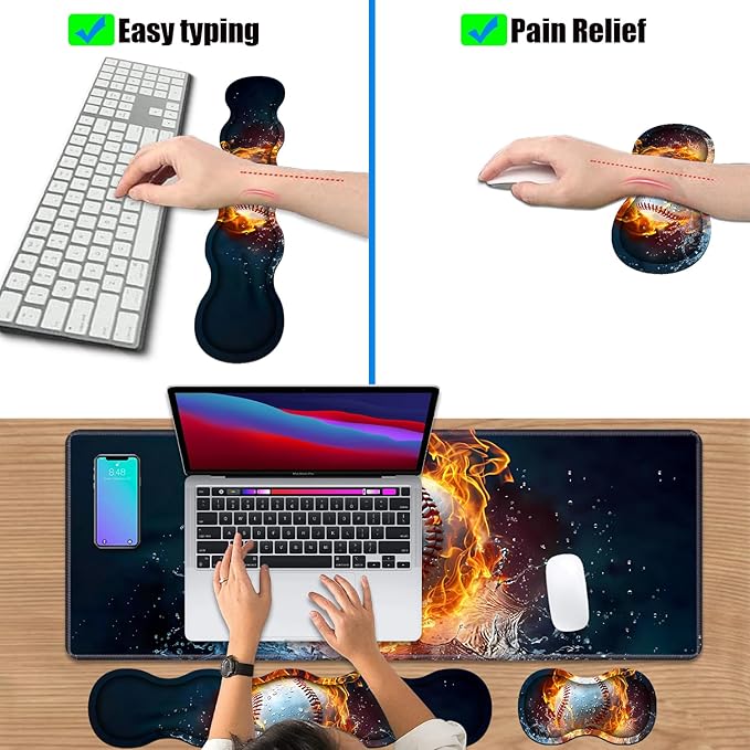 4 in 1 Ergonomic Keyboard Wrist Rest & Mouse Pad Wrist Rest Set, Large XXL Gaming Desk Mat 31.5"x 11.8" with Non-Slip Base, Memory Foam for Home Office Study Gaming, Burning Baseball Fire and Water