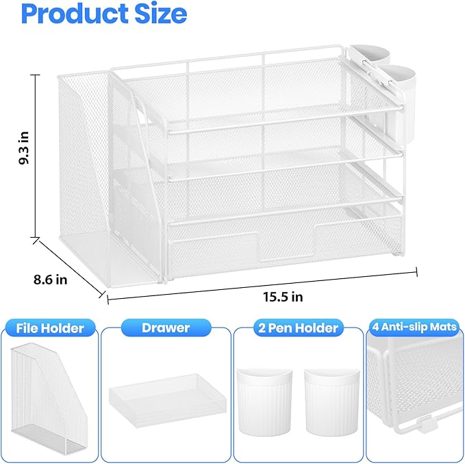 OPNICE Desk Organizer and Accessories, 4-Tier Desktop File Organizer with Drawer and 2 Pen Holders, Office Desk Accessories, File Sorters, Workspace Organizers for Office Supplies(White)