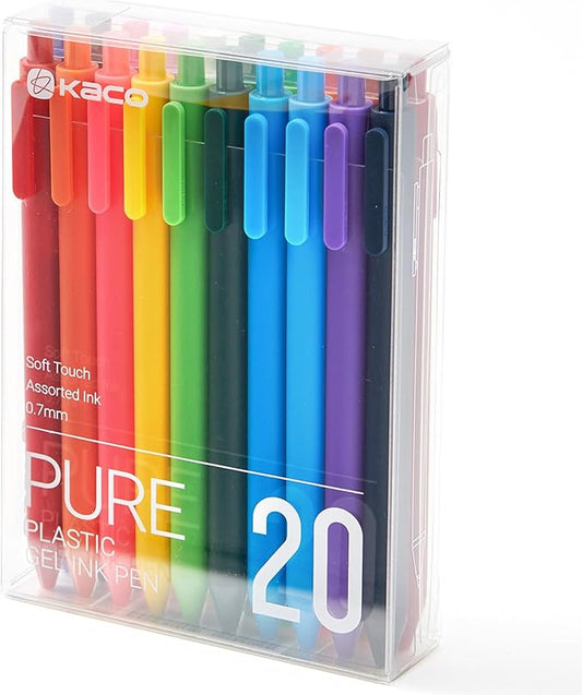 Kaco PURE Gel Pens Assorted Color Ink 20 Pieces 0.7mm, Medium Point, Aesthetic Cute Stationery Pens for Journaling Note Taking Pens