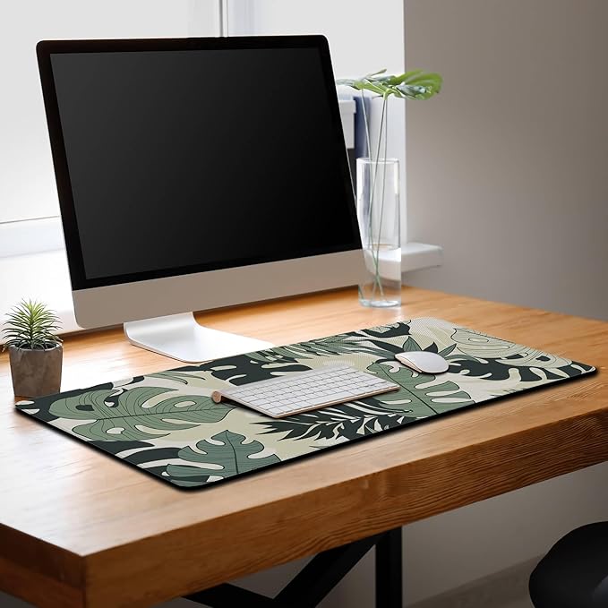 Large Mouse Pad Long Mousepad Desk Mouse Pads Keyboard Mats Gaming Mouse Mat Non-Slip Rubber Base Waterproof with Stitched Edges 35.4 X 15.7 for Game Office, Monstera Leaves