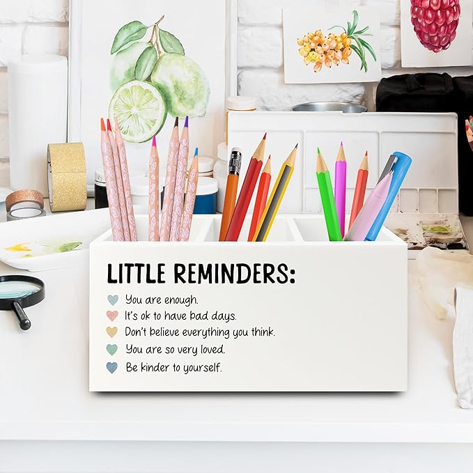 Little Reminders Inspirational Pen Pencil Holder Organizer for Desk, Positive Gifts, Mental Health Motivational Wooden Box Sign for Therapy Counselor Office Classroom Desk Tabletop Decorations