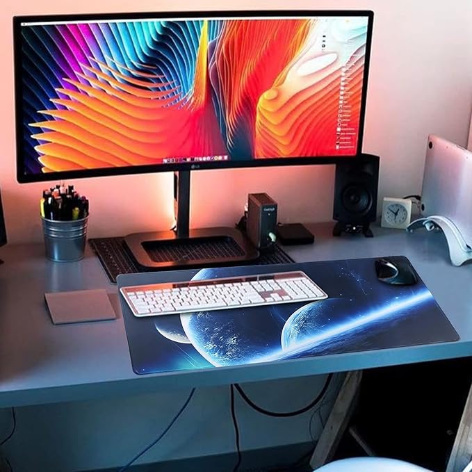 Large Gaming Mouse Pad with Stitched Edges,[27.5x11.8In] Extended Mouse Pad with Non-Slip Natural Rubber Base for Gamer/Desktop/Office/Home (70x30 Spaceball)