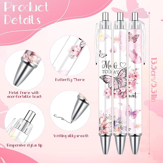 Butterfly Inspirational Ballpoint Pens - 24PCS Butterfly Print Pens Set Retractable Positive Flower Pens Smooth Writing Floral Pens for Office Stationery School Supplies for Women Teacher Gift