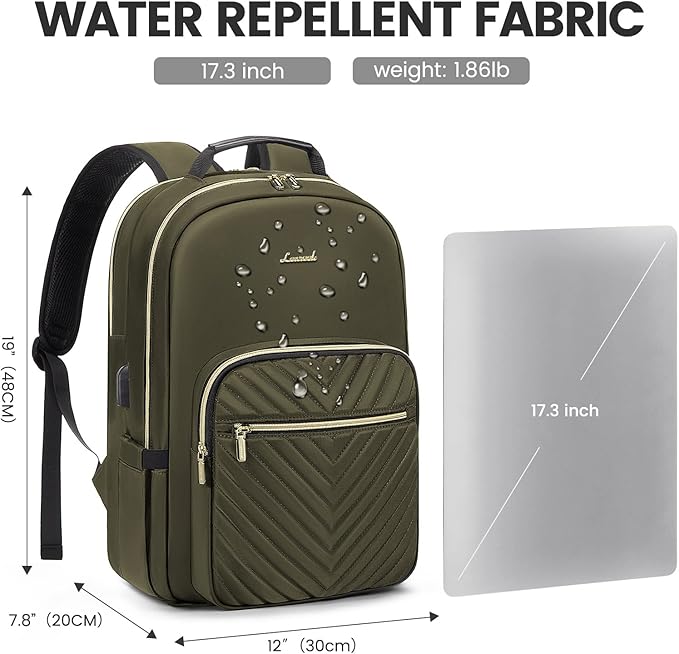 LOVEVOOK Laptop Backpack for Women 17.3 inch,Cute Womens Travel Backpack Purse,Professional Laptop Computer Bag,Waterproof Work Business College Teacher Bags Carry on Backpack with USB Port,Army green