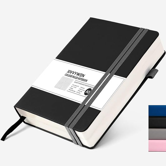 Lined Journal Notebook for Women Men, 352 Pages A5(5.7" x 8.3")College Ruled Hardcover Leather Journals for Writing, Daily Journal Notebooks for Work, Note Taking, Travel, School, Business (Black)