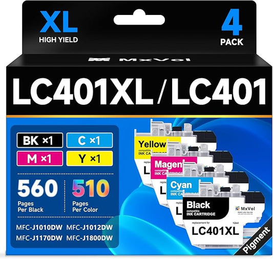 MxVol LC401XL Compatible Ink Cartridges Replacement for Brother LC-401XL LC401 LC-401 High Yield for MFC-J1010DW MFC-J1170DW MFC-J1800DW MFC-J1012DW Printer Ink (Black Cyan Magenta Yellow, 4-Pack)