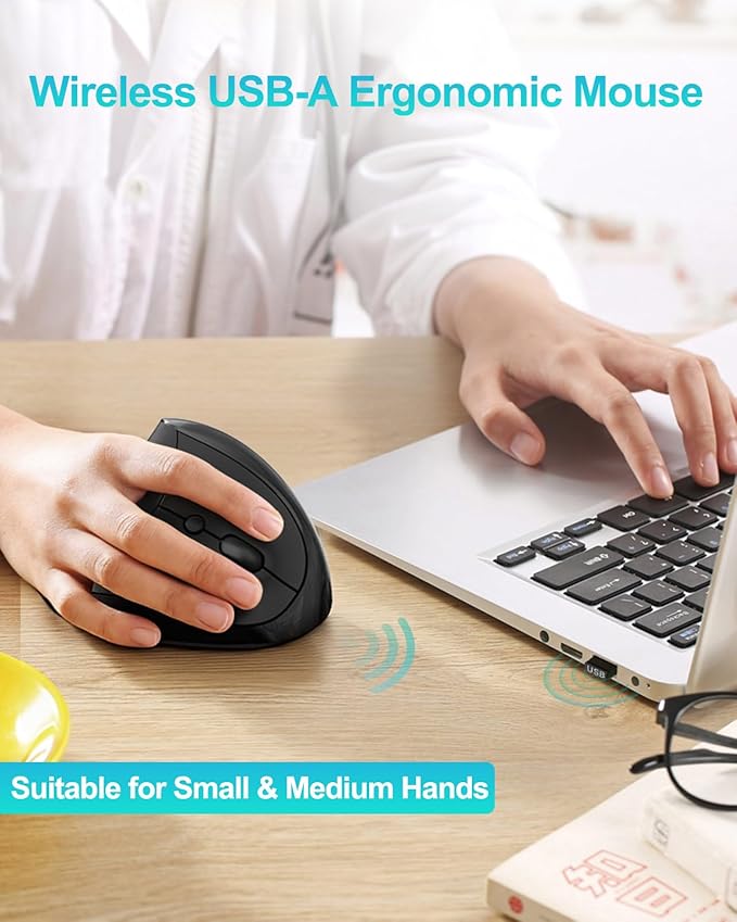 Lekvey Ergonomic Mouse, Vertical Wireless Mouse for Small/Medium Hands, Rechargeable with USB Receiver, 3 DPI for Comfort, Relieves Wrist Pain, Carpal Tunnel Mouse for Laptop, PC, Computer, Mac, Black