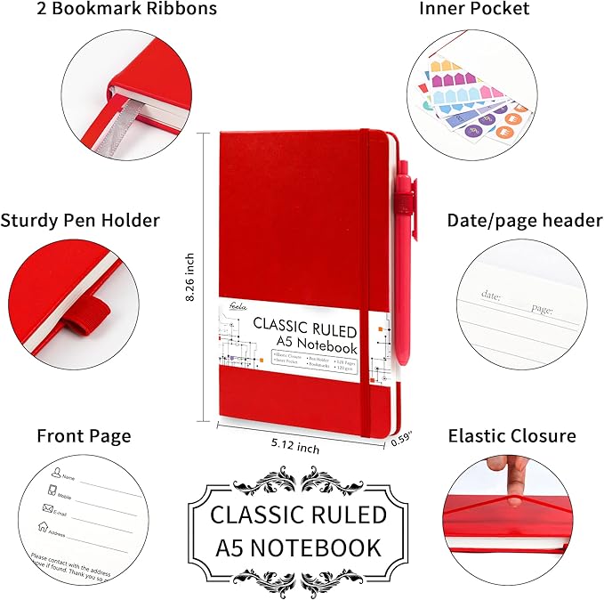 24 Pack Journal Notebook for Work, Feela Business Notebook Bulk Hardcover Lined Writing Journal with Pen Holder for Men Women Note Taking, with 24 Black Pens, 120 GSM, 5.1”x8.3”, A5, Red