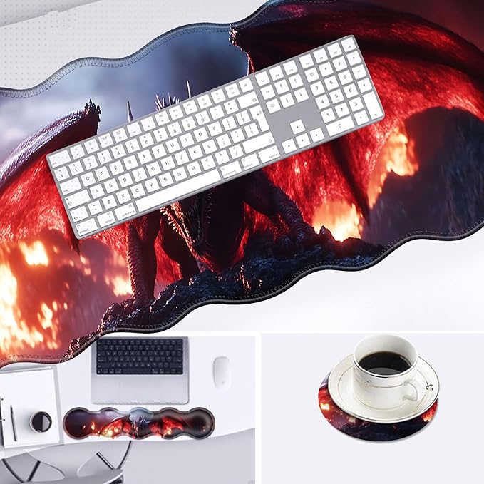 Large Mouse Pad and Keyboard Wrist Rest, Desk Pad for Keyboard and Mouse, 4-in-1 Large Gaming Mouse Pad with Wrist Support, Desk Mat for Home Office Study Game-Dragon in Flames