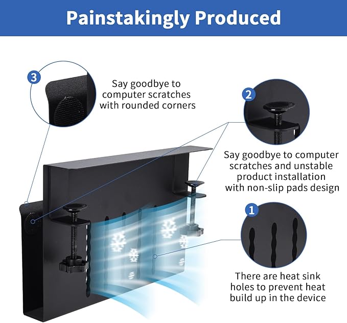 LUKETURE Desk Side Storage, Steel Side Desk Organizer, No Drill Laptop Holder, Clamp on Laptop Mount with Pen Holder, Table Hanging Storage for Home Office, Fits Flat Edge Tables 0.3" to 2.8"