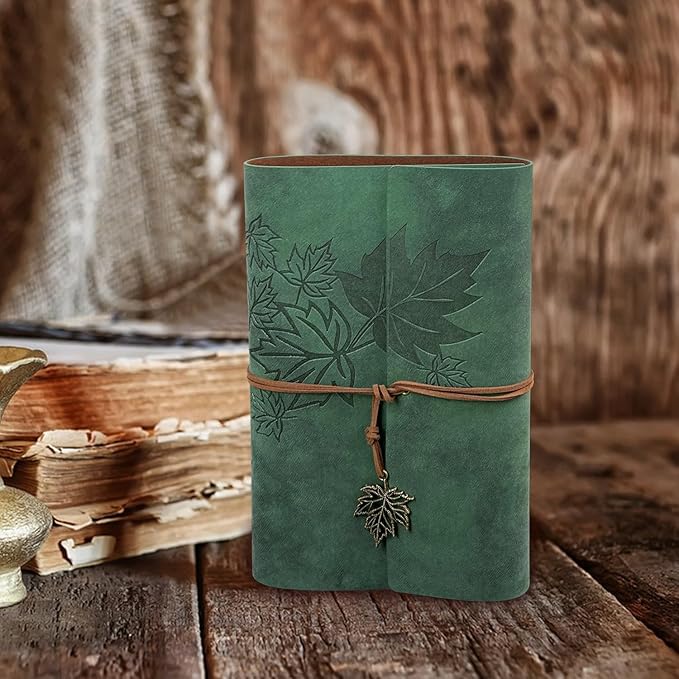 Leather Writing Journal Notebook,Classic Spiral Bound Notebook Refillable Diary Sketchbook Gifts with Unlined Travel Journals to Write in for Girls and Boys(Leaves,A6/Dark Green)