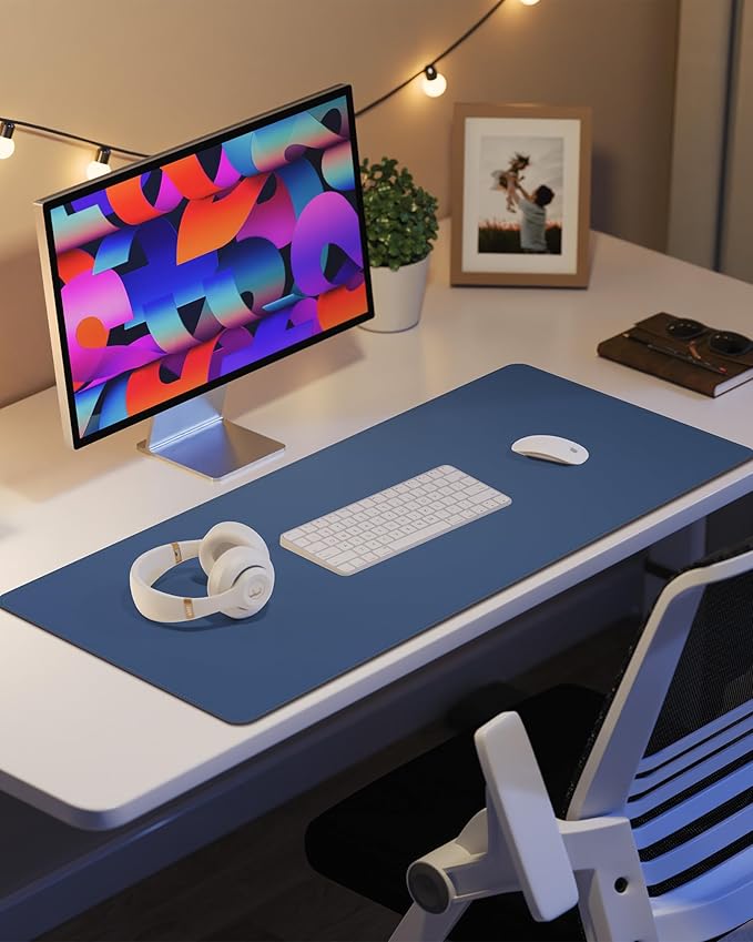 Non-Slip Desk Pad,Mouse Pad,Waterproof PVC Leather Desk Table Protector,Non-Slip PU Leather Desk Blotter, Easy Clean Laptop Desk Writing Mat for Office Work/Home/Decor(Grey Blue, 24" x 13.7")