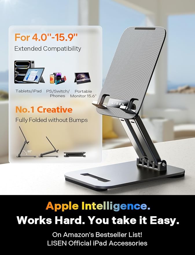 LISEN iPad Stand Tablet Holder - Foldable iPad a16 Accessories Kindle Bed Home Gadgets Men Gifts Office Desk Accessories for Women, Portable Monitor Stand for Tablet Galaxy Tab Fire HD 4-15.9" Black