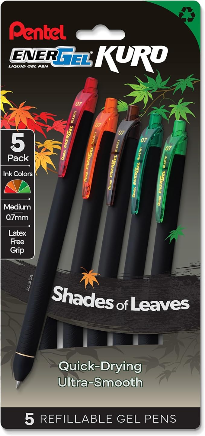 Pentel EnerGel Kuro Shades of Leaves, Retractable Liquid Gel Pen, Assorted Ink Colors, Pack of 5 (BL437LVSPF5)