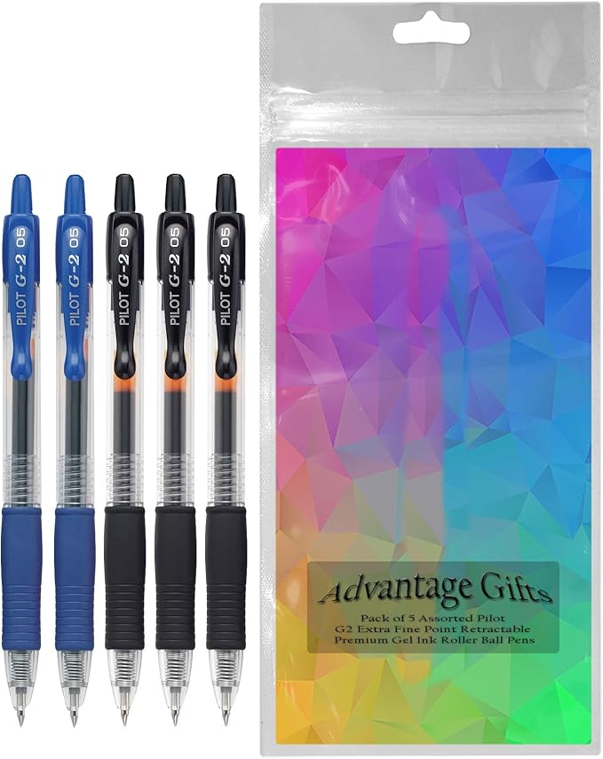 G2 Retractable Premium Gel Ink Roller Ball Pens Extra Fine Point (.5mm) Black/Blue Ink 5 pack; Refillable & Premium Comfort Grip Bundle with Plastic Reusable Pouch