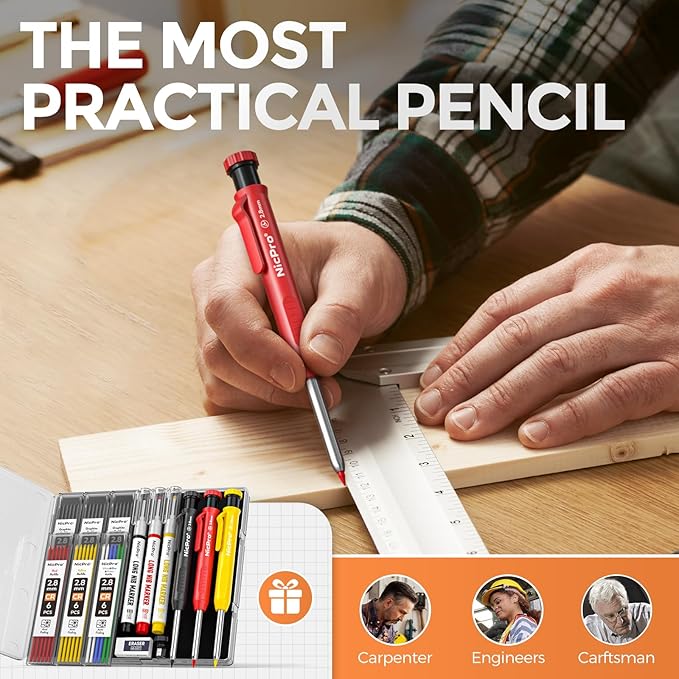 Nicpro 3 Pack CP1000 Carpenter Pencils with Sharpener, Mechanical Carpenter Pencil with 39 Refills, Deep Hole Long Nib Marker Pens for Construction, Heavy Duty Woodworking Pencil for Architect Marking
