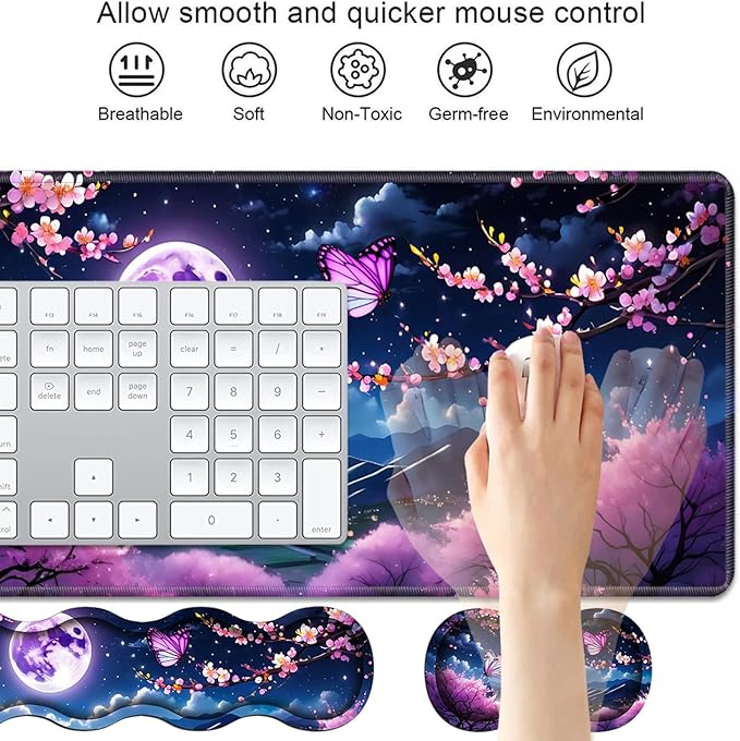 4 in 1 Ergonomic Keyboard Wrist Rest & Mouse Pad Wrist Rest Set, Large XXL Gaming Desk Mat 31.5"x 11.8" with Non-Slip Base, Memory Foam for Home Office Study Gaming, Moon Cherry Blossom Butterfly