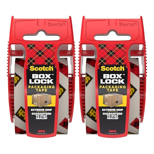 Scotch Box Lock Packaging Tape with Dispenser, 1.88 inch x 800 inch (22.2 yd), 2 Rolls, Clear Heavy Duty Packing/Shipping Tape, Extreme Grip – Sticks Instantly to Any Box for Secure Seal