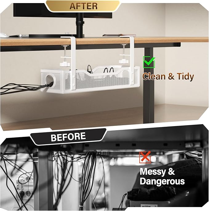 Under Desk Cable Management Large, Cinati 16" Cable Management Box for Table Thickness up to 3", Wire Cord Organizer with Clamp No Drill, No Damage to Desk (White)