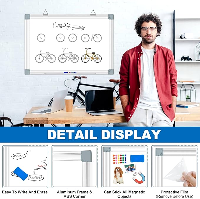 Magnetic Whiteboard Dry Erase Board for Wall 24" x18 Magnet Hanging White Board for Home, School, Office