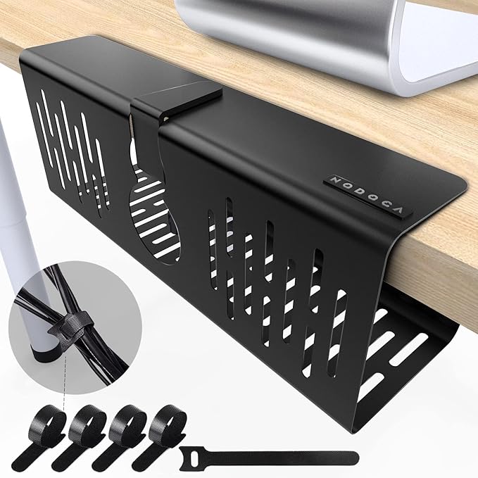 NODOCA No Drill Under Desk Cable Management Tray, 14'' Wire Management, Punch-Free Clamp on, Metal Cable Tray, Wire Organizer Under Desk, Under Desk Basket for Office and Home, Black