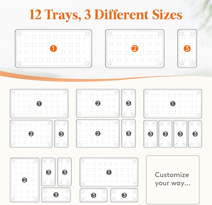 Lifewit 12 Pcs Large Bathroom Drawer Organizers, 3 Sizes Clear Plastic Storage Organizer Trays for Make Up, Kitchen Utensils, Vanity Accessories in Bathroom/Office/Dresser Organization