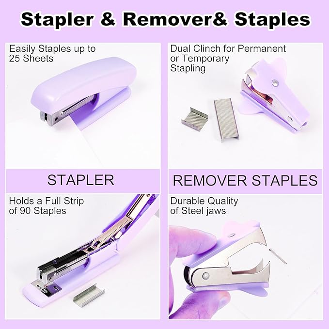 Desk Organizers and Accessories Set with 360-Degree Rotating Pen Holder, Tape Dispenser, Stapler, Staple Remover, 1000 Staples, Tape, Clips Set, Ruler, Scissor, Pen