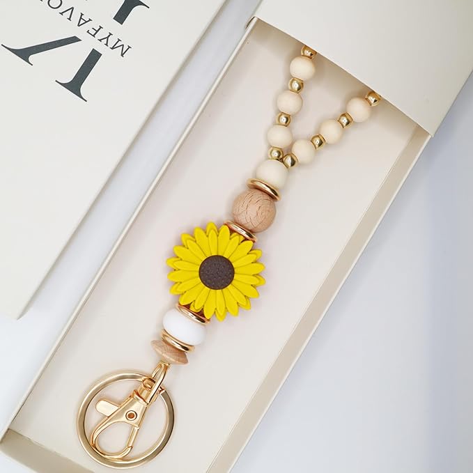 Wooden Teacher Lanyards for Id Badge Cute Flower Wood and Gold Beaded Lanyards for Women for Nurse Badge