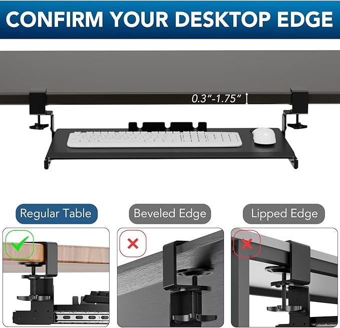 AX WABER Keyboard Tray Under Desk Pull Out with Extra Sturdy Adjustable C Clamp Mount System, 27.3 (32.5 inch Including Clamps) x 11 Inch Slide-Out Platform Computer Drawer for Typing, Black,AX01WB01
