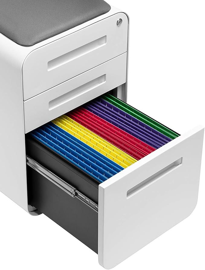 Laura Davidson Furniture STOCKPILE Curve Seated 3-Drawer Mobile File Cabinet with Removable Magnetic Cushion Seat - Metal Filing Cabinet, Pre-Assembled, White with Dark Grey Cushion