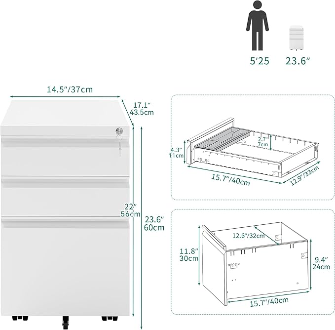 YITAHOME 3-Drawer Vertical File Cabinet, Mobile Metal Filing Cabinet with Lock for Legal/Letter Size, Pre-Built Office Storage File Cabinet Except Wheels Under Dese, White