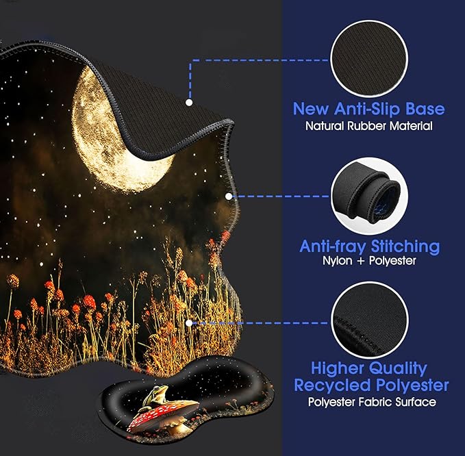 Large Mouse Pad and Keyboard Wrist Rest, Desk Pad for Keyboard and Mouse, 4-in-1 Large Gaming Mouse Pad with Wrist Support, Desk Mat for Home Office Study Game-Cute Frog on Mushroom Moon