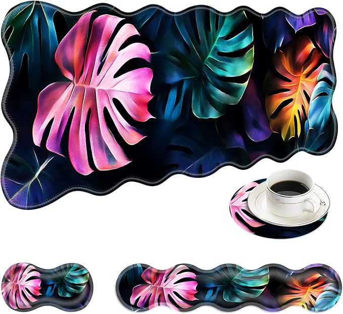 Large Mouse Pad and Keyboard Wrist Rest, Desk Pad for Keyboard and Mouse, 4-in-1 Large Gaming Mouse Pad with Wrist Support, Desk Mat for Home Office Study Game-Colorful Tropical Leaf