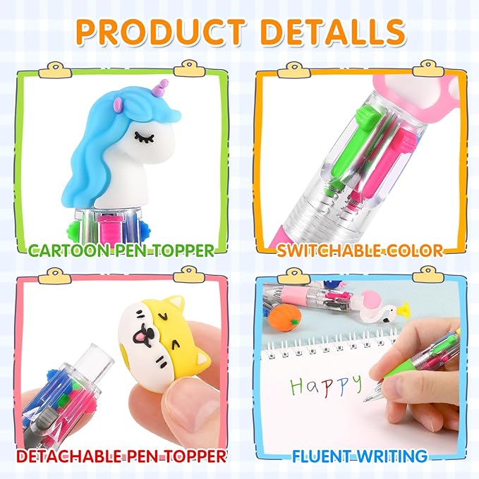 arscniek 40Pcs Multicolor Pen in One, 4-in-1 0.5mm Fine Point Cute Pens, Fun Kawaii Ballpoint Pen for Party Favors, Classroom Prizes, Teacher School Supplies, Bulk Gifts for Students