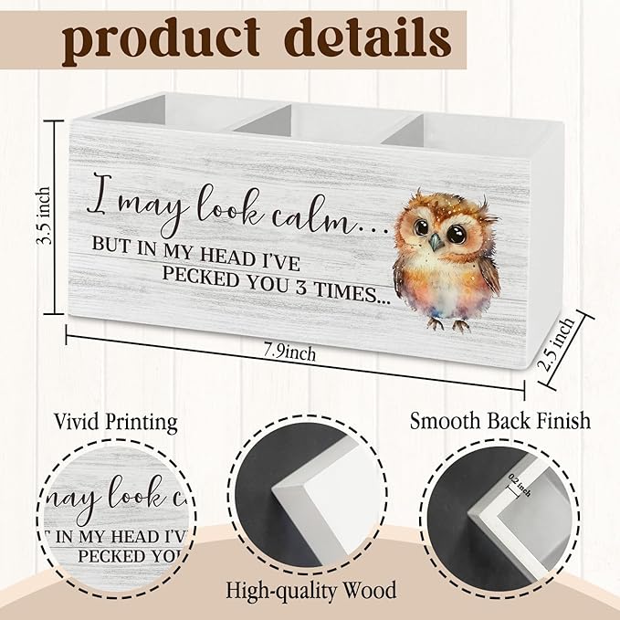 Owl Funny Pen Pencil Holder Organizer for Desk Accessories, I May Look Calm Funny Wooden Box Sign Desk Decor for Home Office Decoration, Owl Lovers Gifts for Women