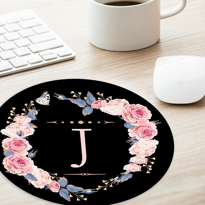 Letter J Black and Pink Flowers Round Mouse Pad, Funny Small Mouse Mat with Non-Slip Rubber Base, Home Office Decor Desk Accessory, 8.7 inch Round