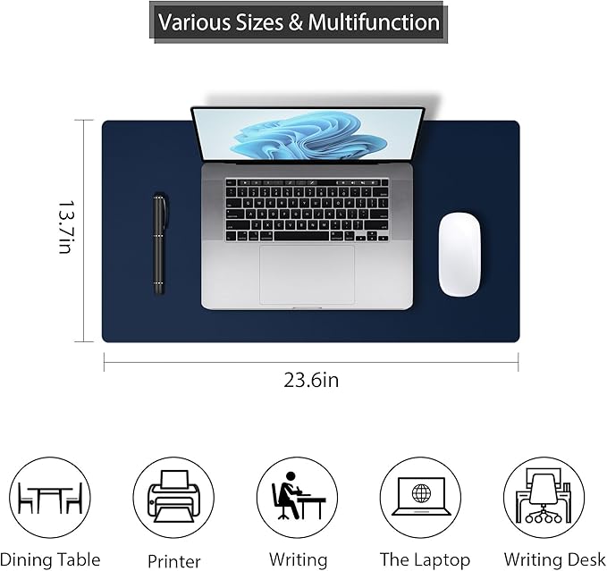 Leather Desk Pad Protector, Mouse Pad, Non-Slip Computer Mat for Desk, PU Leather Office Desk Mat for Home & Office, Waterproof Laptop Desk Blotter Pad for Keyboard and Mouse, Navy (13.7''X23.6'')