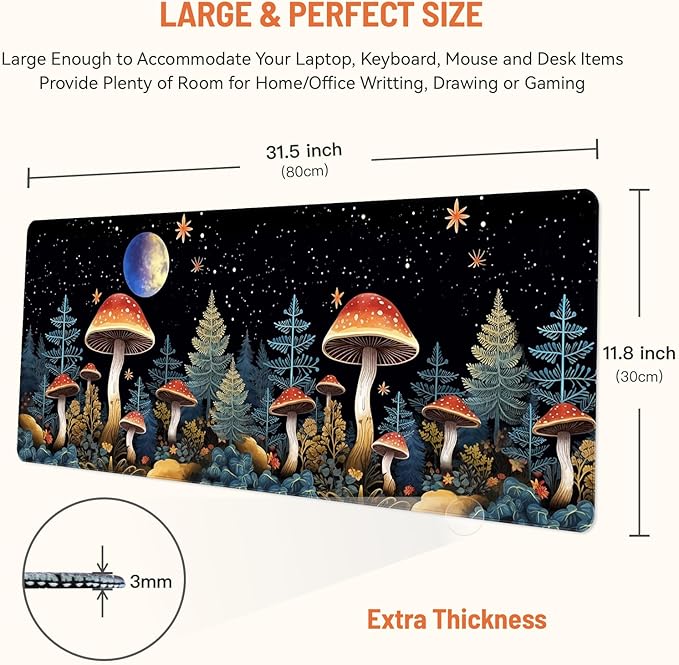 Mousepad Desk Mat Gaming Large Keyboard Cute Office Desktop Computer Laptop XXL Long Big Kawaii Aesthetic Girly Pretty Design Women Girl Gamer Oversized Wide 30x12'' Mousepad, Moon Mushroom