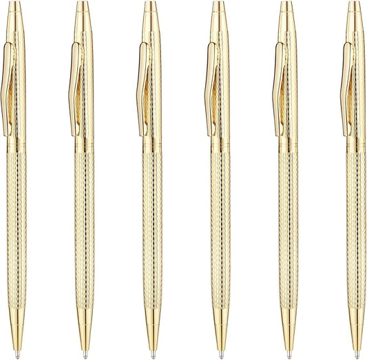 Unibene Slim Metallic Retractable Ballpoint Pens - Carved Gold, Nice Gift for Business Office Students Teachers Wedding Christmas, Medium Point(1 mm) 6 Pack-Black ink