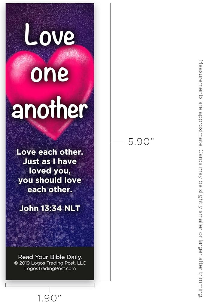 Love One Another, John 13:34, Bulk Pack of 25 Christian Bookmarks for Kids, Childrens Bible Verse Book Markers, Sunday School Prizes with Memory Verses, Scripture Gifts for Kids & Youth