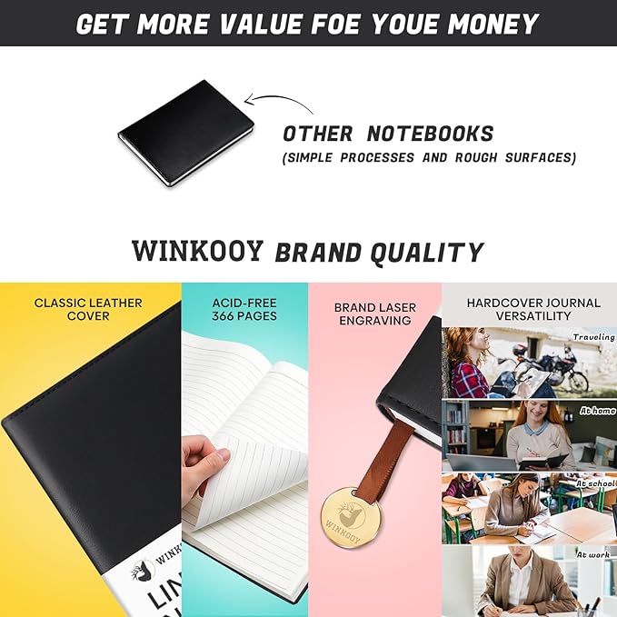 Lined Journal Notebook, 366 Pages, 100Gsm Leather Hardcover Journals for Writing Thick A5 College Ruled Classic Notebook with Pen Loop, Daily Journal for Women Men, 5.75'' X 8.38'', Black