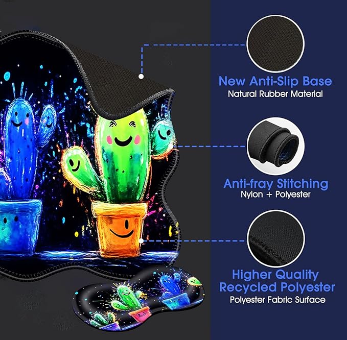 Large Mouse Pad and Keyboard Wrist Rest, Desk Pad for Keyboard and Mouse, 4-in-1 Large Gaming Mouse Pad with Wrist Support, Desk Mat for Home Office Study Game-Cute Cactus