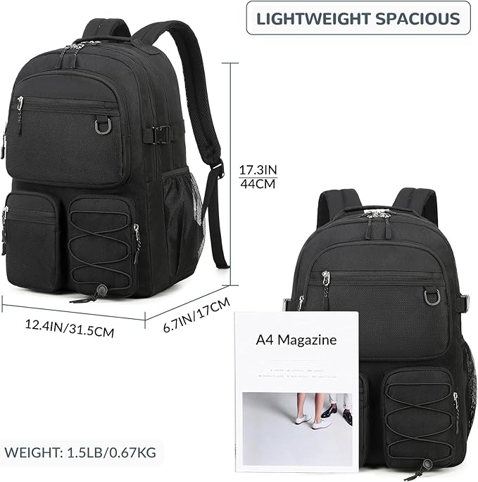 Lohol Water Resistant Daypack with Mulitiple Pockets for School Travel Outdoor College, 15.6 inch Laptop Backpack for Men and Women (Black